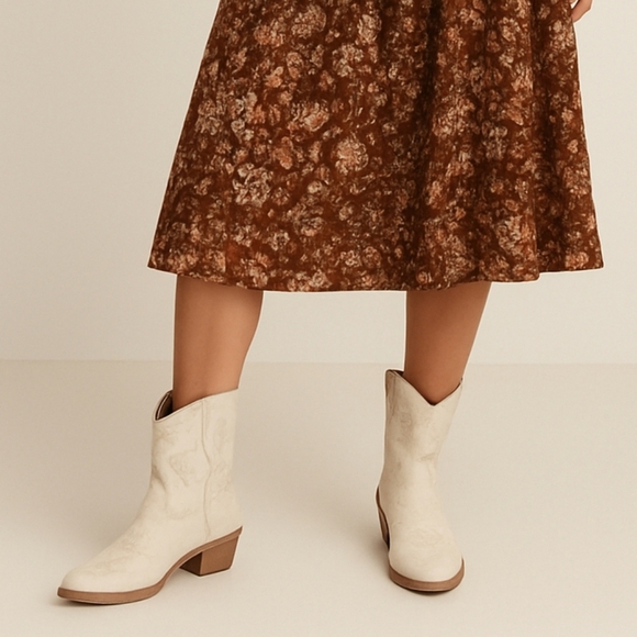 Soda Shoes - Beige Cowgirl Ankle Boots Embroidered  Western Toe Block Heel Coachella